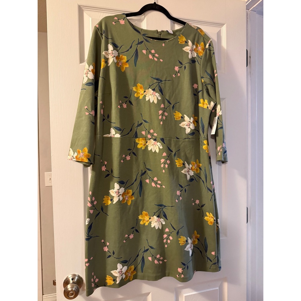 Old Navy Dress Womens XXL Green Floral Fit Flare 3/4 Sleeve Cotton Blend Midi
